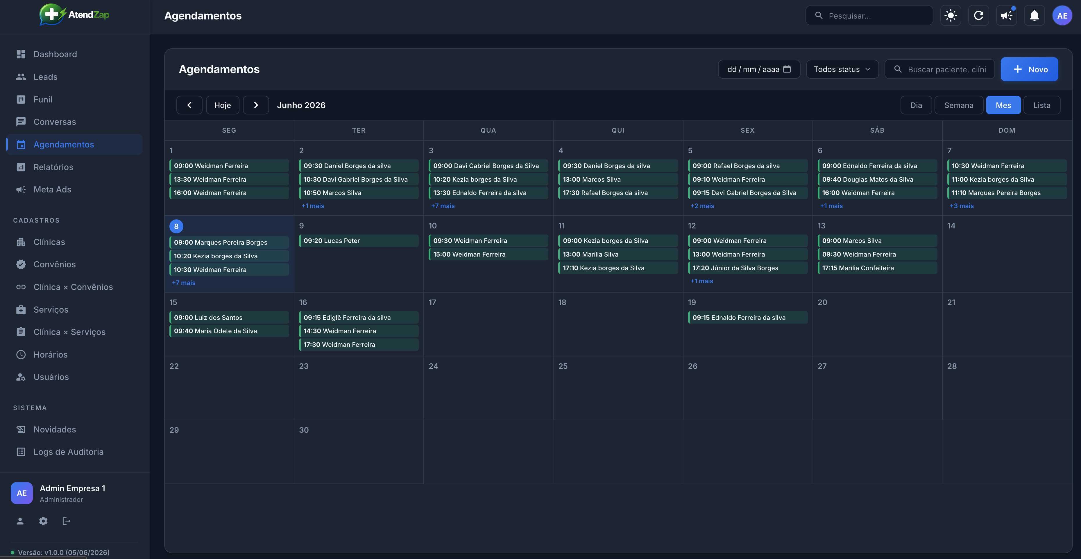 Calendário mensal de agendamentos